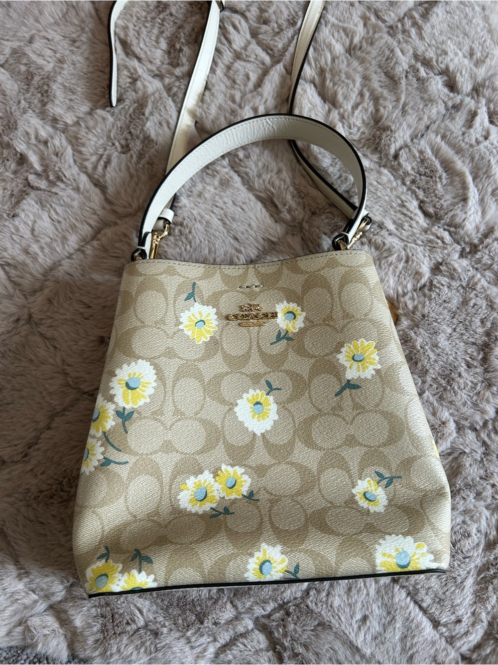 Authentic Coach Beige Floral Signature Bucket Bag
